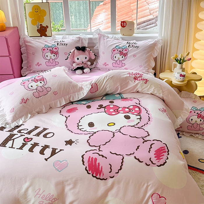 91家纺网 家纺一手货源 找家纺 玉元坊 2025新款三丽鸥全棉纯棉大版花边款床品三四件套第四批 （长期有货 不断货） 宝宝凯蒂猫-白花边