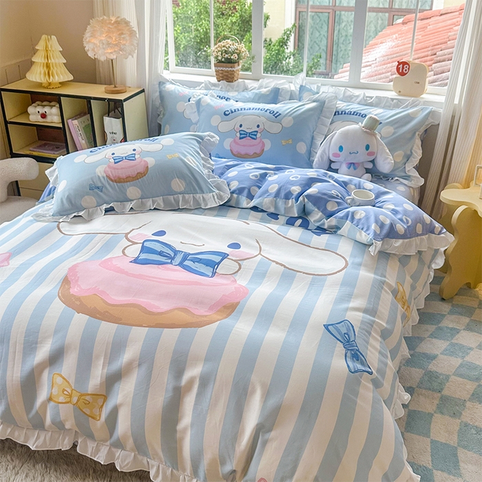 91家纺网 家纺一手货源 找家纺 玉元坊 2025新款三丽鸥全棉纯棉大版花边款床品三四件套第四批 （长期有货 不断货） 领带玉桂狗-白花边