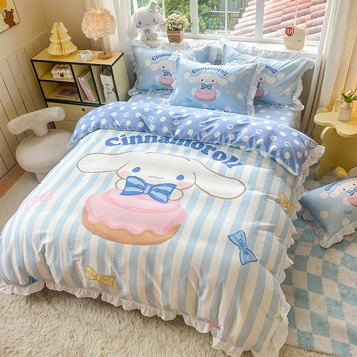 91家纺网 家纺一手货源 找家纺 玉元坊 2025新款三丽鸥全棉纯棉大版花边款床品三四件套第四批 （长期有货 不断货） 领带玉桂狗-白花边