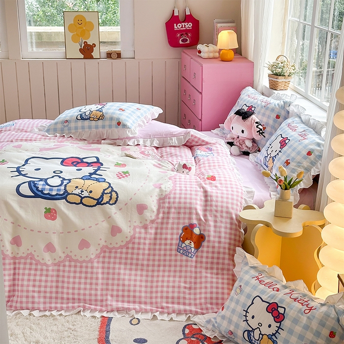 91家纺网 家纺一手货源 找家纺 玉元坊 2025新款三丽鸥全棉纯棉大版花边款床品三四件套第四批 （长期有货 不断货） 奶油凯蒂猫-白花边