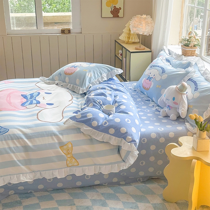 91家纺网 家纺一手货源 找家纺 玉元坊 2025新款三丽鸥全棉纯棉大版花边款床品三四件套第四批 （长期有货 不断货） 领带玉桂狗-白花边