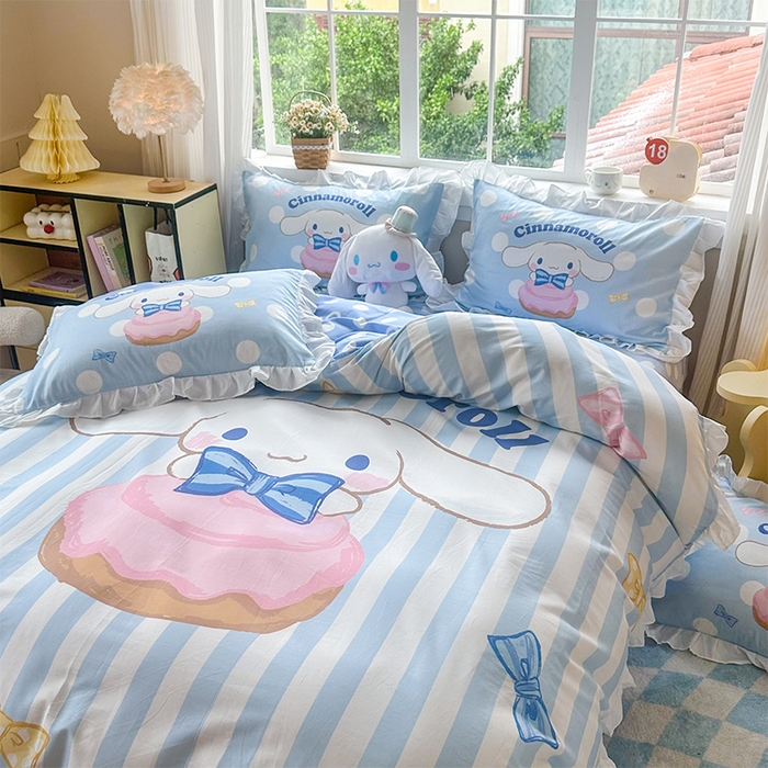 91家纺网 家纺一手货源 找家纺 玉元坊 2025新款三丽鸥全棉纯棉大版花边款床品三四件套第四批 （长期有货 不断货） 领带玉桂狗-白花边