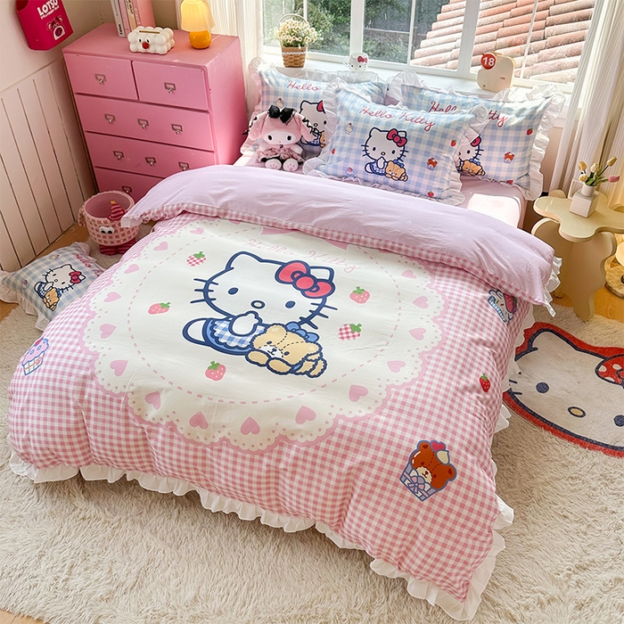 91家纺网 家纺一手货源 找家纺 玉元坊 2025新款三丽鸥全棉纯棉大版花边款床品三四件套第四批 （长期有货 不断货） 奶油凯蒂猫-白花边