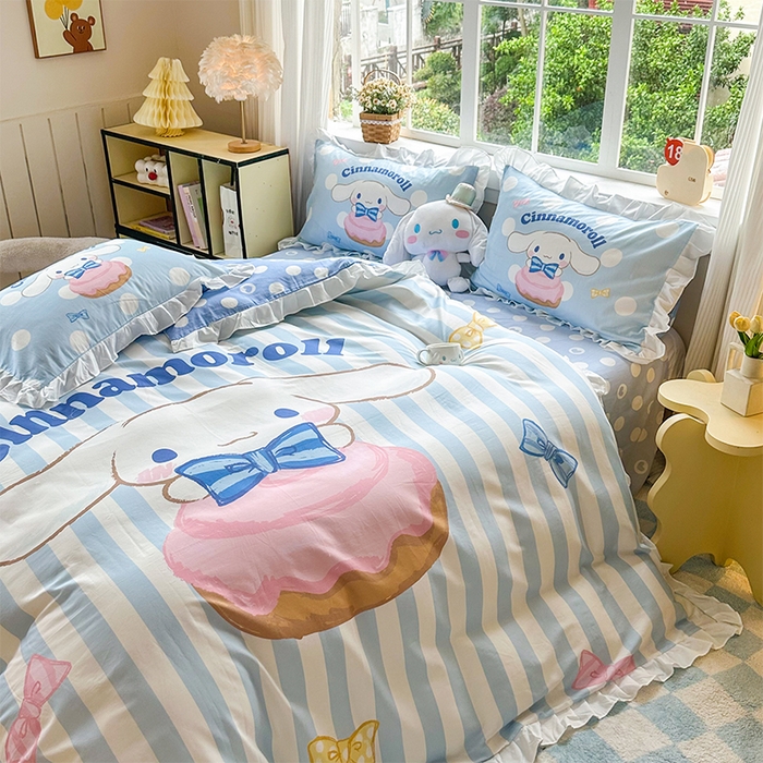 91家纺网 家纺一手货源 找家纺 玉元坊 2025新款三丽鸥全棉纯棉大版花边款床品三四件套第四批 （长期有货 不断货） 领带玉桂狗-白花边