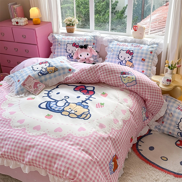 91家纺网 家纺一手货源 找家纺 玉元坊 2025新款三丽鸥全棉纯棉大版花边款床品三四件套第四批 （长期有货 不断货） 奶油凯蒂猫-白花边