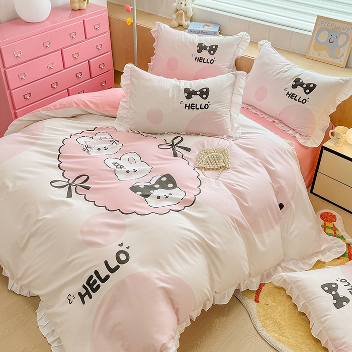 91家纺网 家纺一手货源 找家纺 玉元坊 2025新款三丽鸥全棉纯棉大版花边款床品三四件套第五批 （长期有货 不断货） 小萌兔