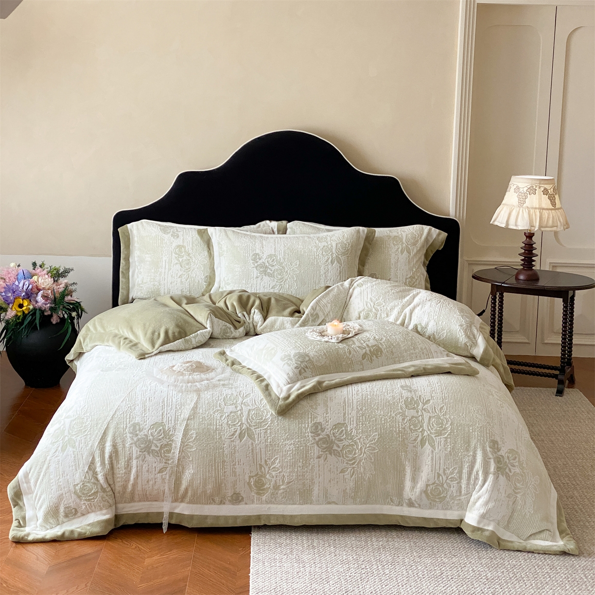 馨蕊 2025新款意大利进口雕花绒拼角工艺秋冬轻奢煦暖绒系列-绒初雪 会员-10【券后控价268/288】 绒初雪-空山绿