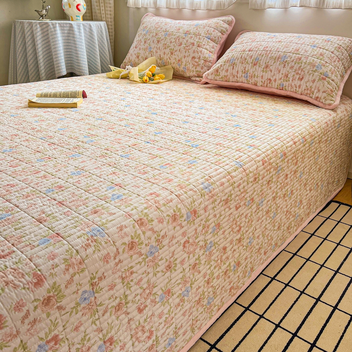 91家纺网 家纺一手货源 找家纺 瑞钰 2025新款A类双层纱印花夹棉床盖 半岛红茶