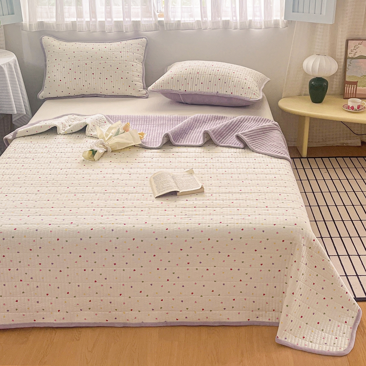 91家纺网 家纺一手货源 找家纺 瑞钰 2025新款A类双层纱印花夹棉床盖 彩色爱心