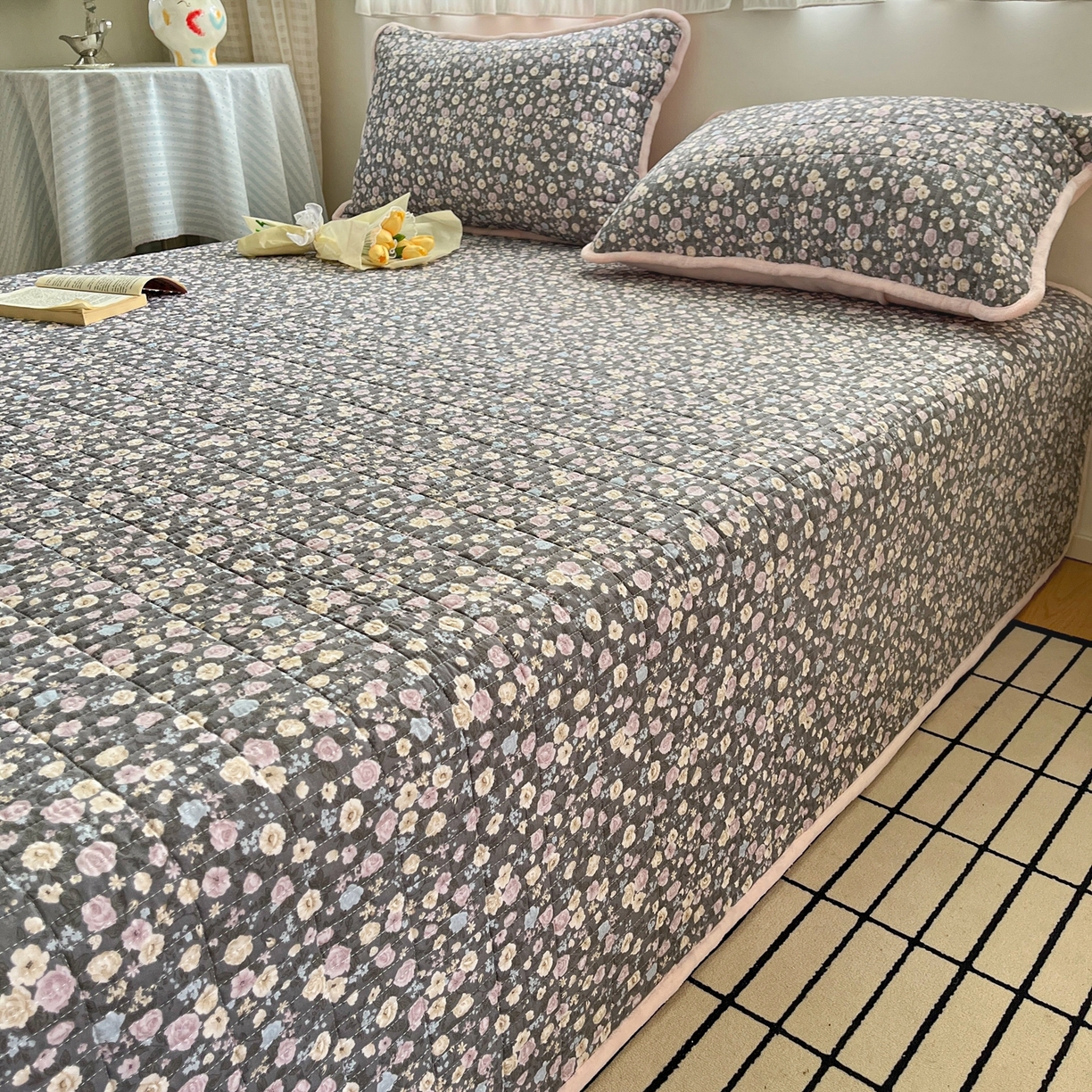 91家纺网 家纺一手货源 找家纺 瑞钰 2025新款A类双层纱印花夹棉床盖 豆寇