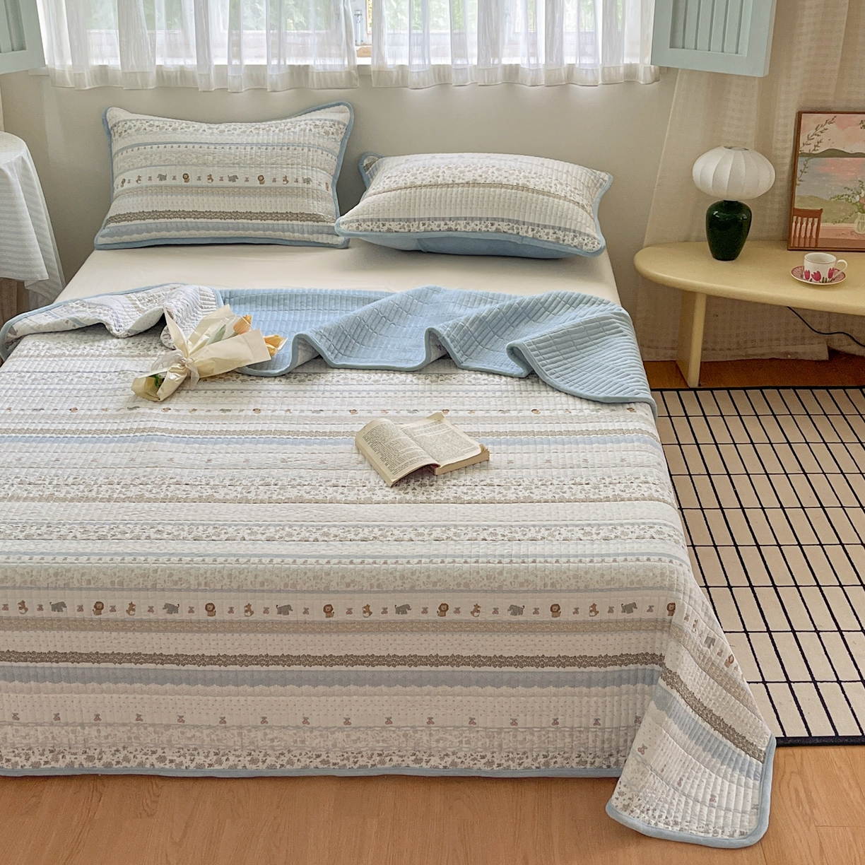 91家纺网 家纺一手货源 找家纺 瑞钰 2025新款A类双层纱印花夹棉床盖 海盐童话