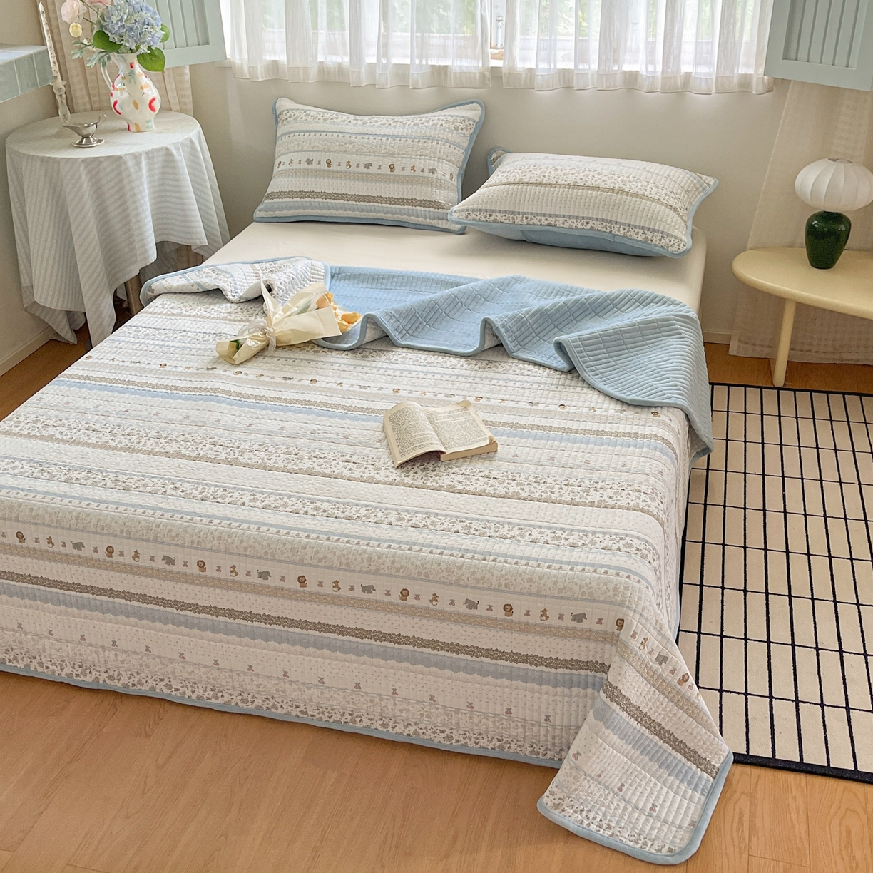 91家纺网 家纺一手货源 找家纺 瑞钰 2025新款A类双层纱印花夹棉床盖 海盐童话