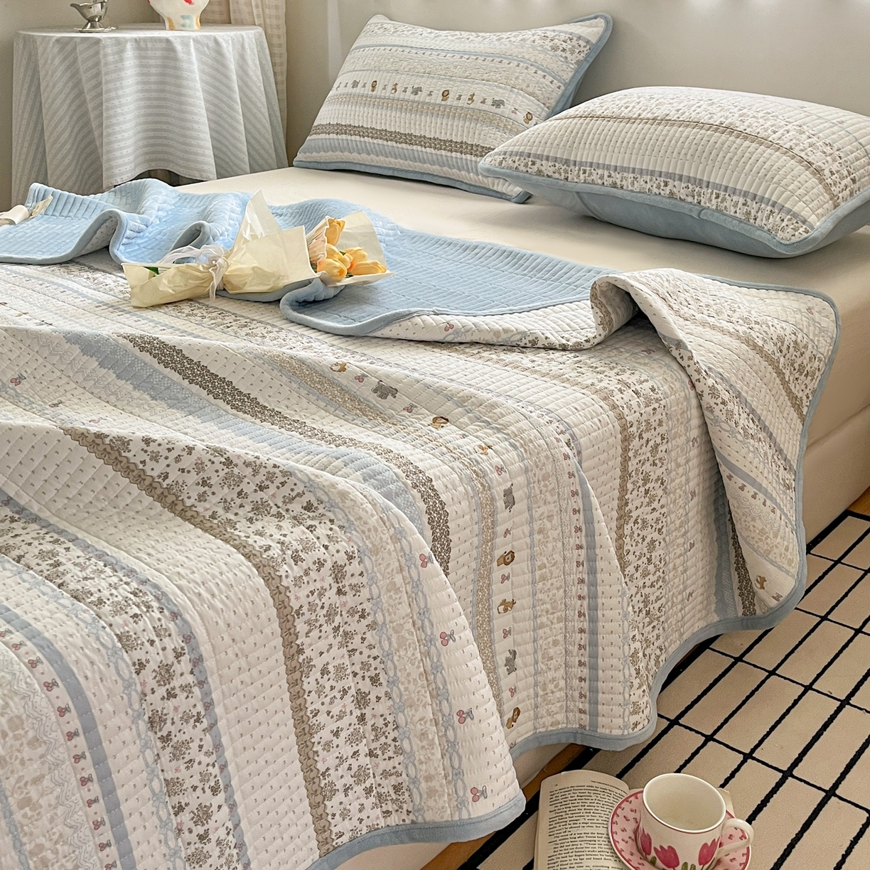 91家纺网 家纺一手货源 找家纺 瑞钰 2025新款A类双层纱印花夹棉床盖 海盐童话