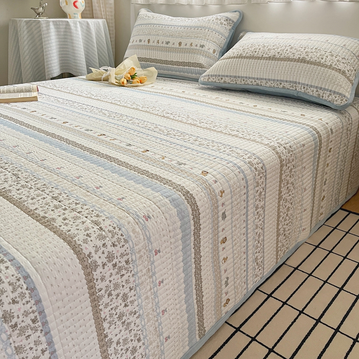 91家纺网 家纺一手货源 找家纺 瑞钰 2025新款A类双层纱印花夹棉床盖 海盐童话