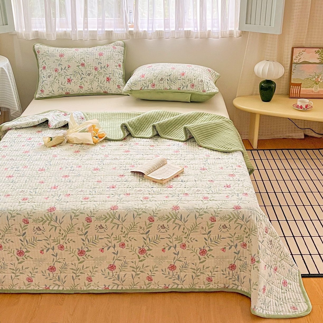 91家纺网 家纺一手货源 找家纺 瑞钰 2025新款A类双层纱印花夹棉床盖 普罗旺斯