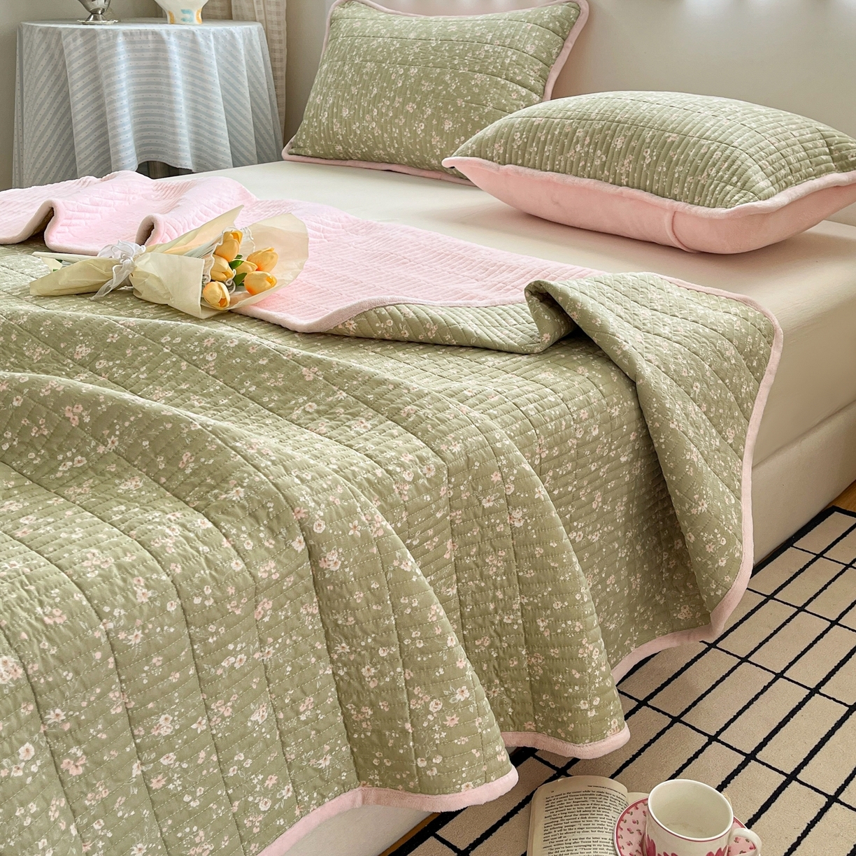 91家纺网 家纺一手货源 找家纺 瑞钰 2025新款A类双层纱印花夹棉床盖 青柠