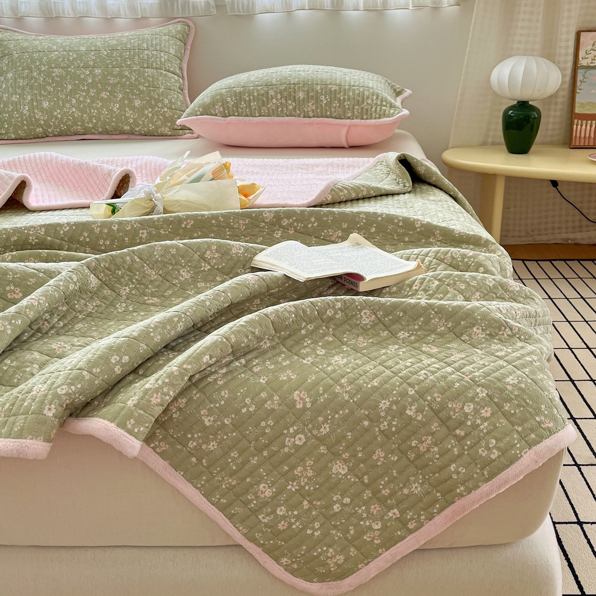 91家纺网 家纺一手货源 找家纺 瑞钰 2025新款A类双层纱印花夹棉床盖 青柠