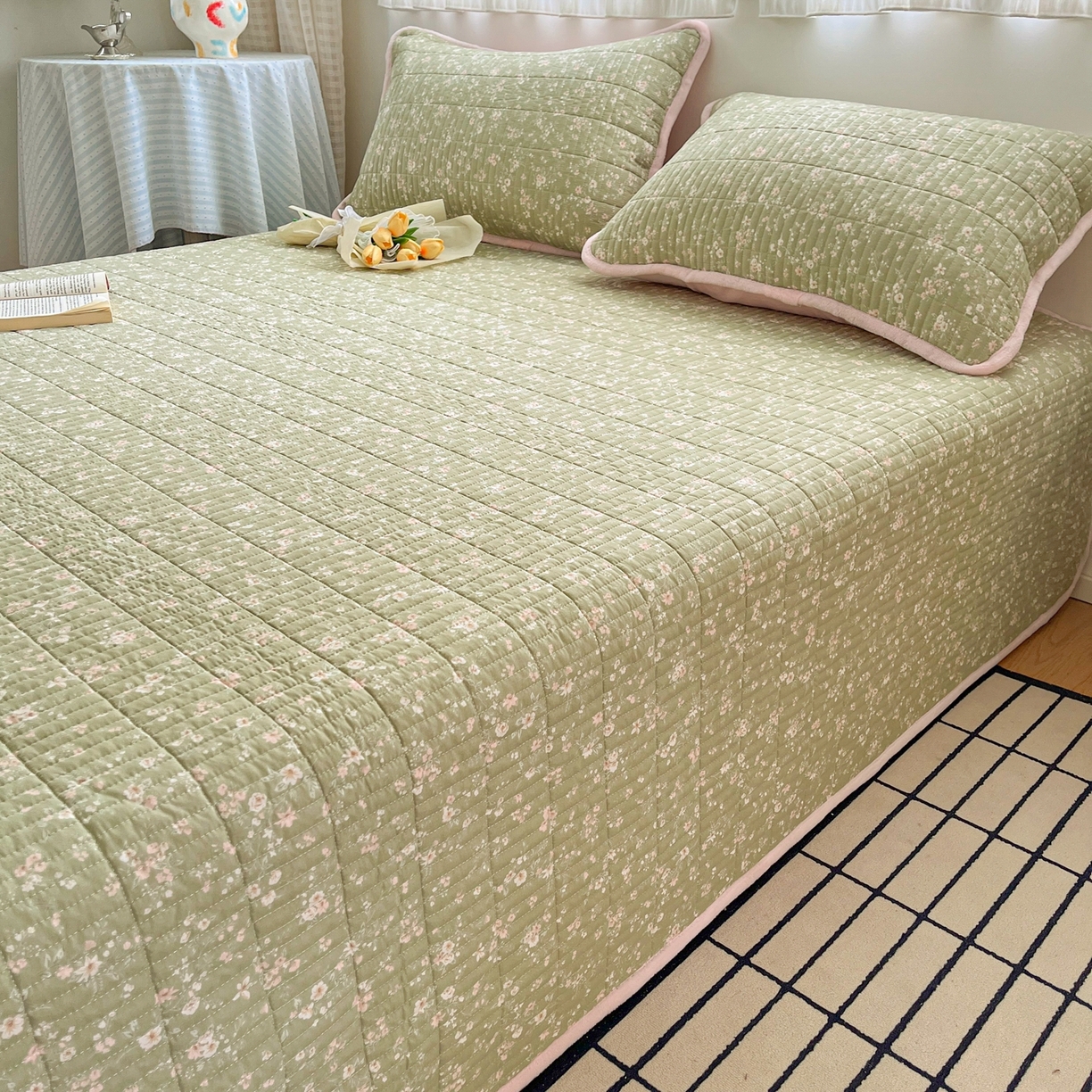 91家纺网 家纺一手货源 找家纺 瑞钰 2025新款A类双层纱印花夹棉床盖 青柠