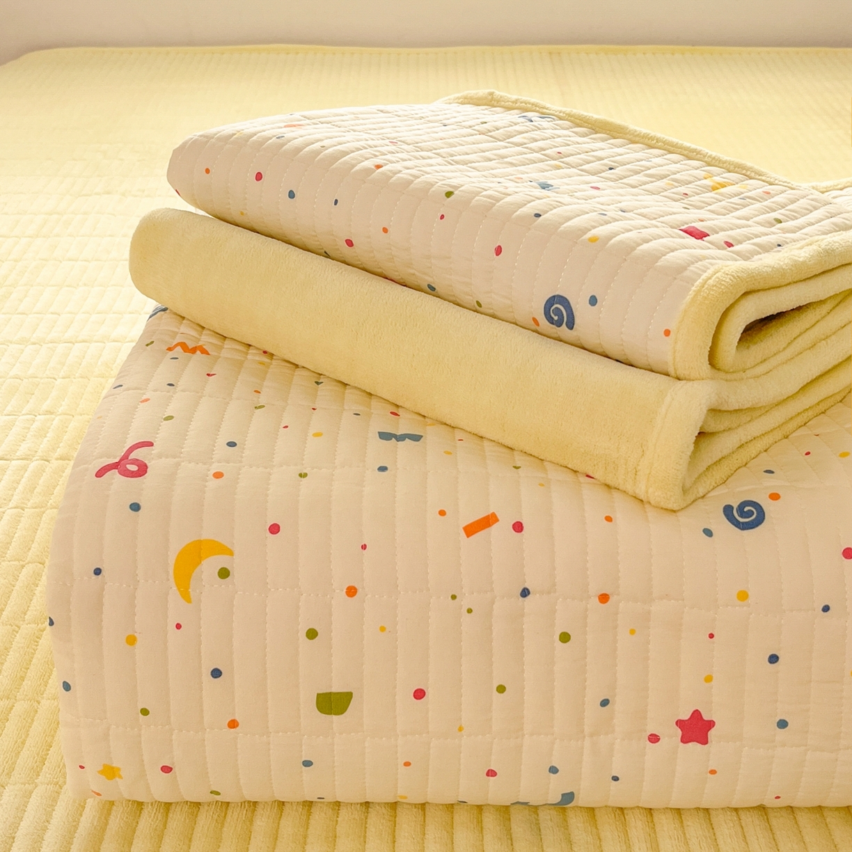 91家纺网 家纺一手货源 找家纺 瑞钰 2025新款A类双层纱印花夹棉床盖 星星点点