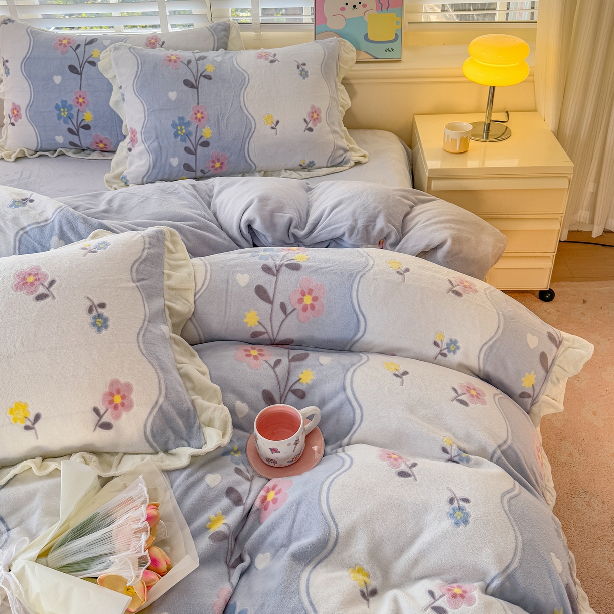 91家纺网 家纺一手货源 找家纺 爱家（原缔乐家纺） 2025新款牛奶雕花绒四件套-美加美 美加美-天空兰