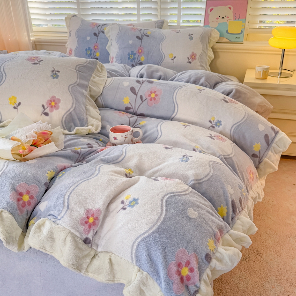 91家纺网 家纺一手货源 找家纺 爱家（原缔乐家纺） 2025新款牛奶雕花绒四件套-美加美 美加美-天空兰