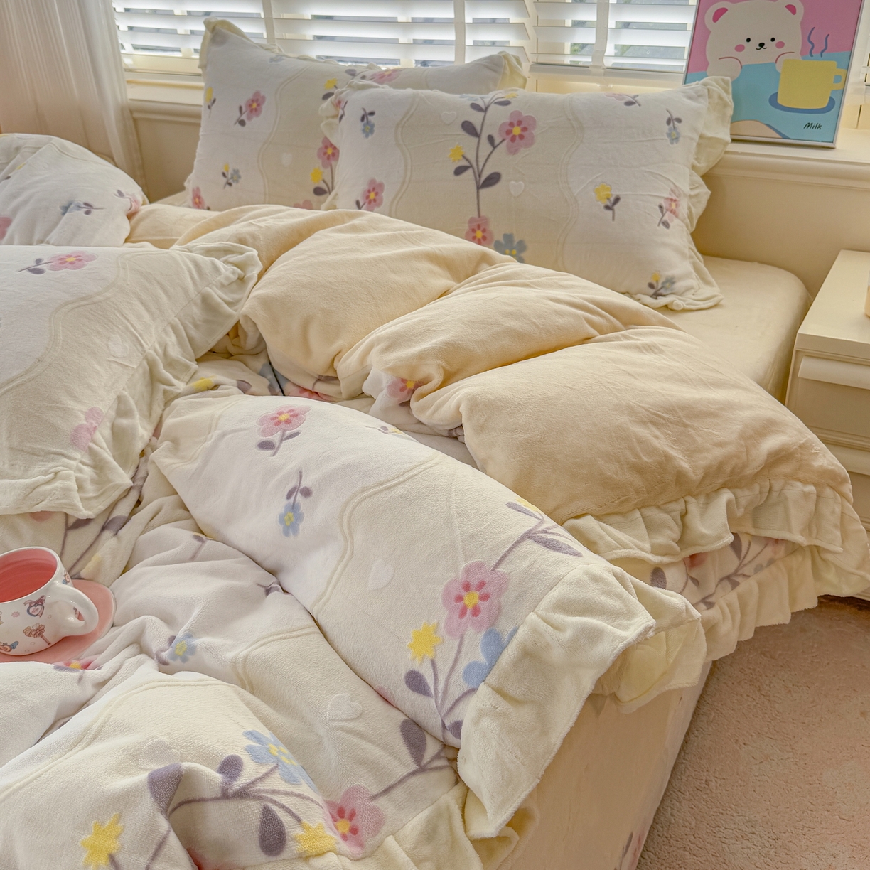 91家纺网 家纺一手货源 找家纺 爱家（原缔乐家纺） 2025新款牛奶雕花绒四件套-美加美 美加美-柠檬黄