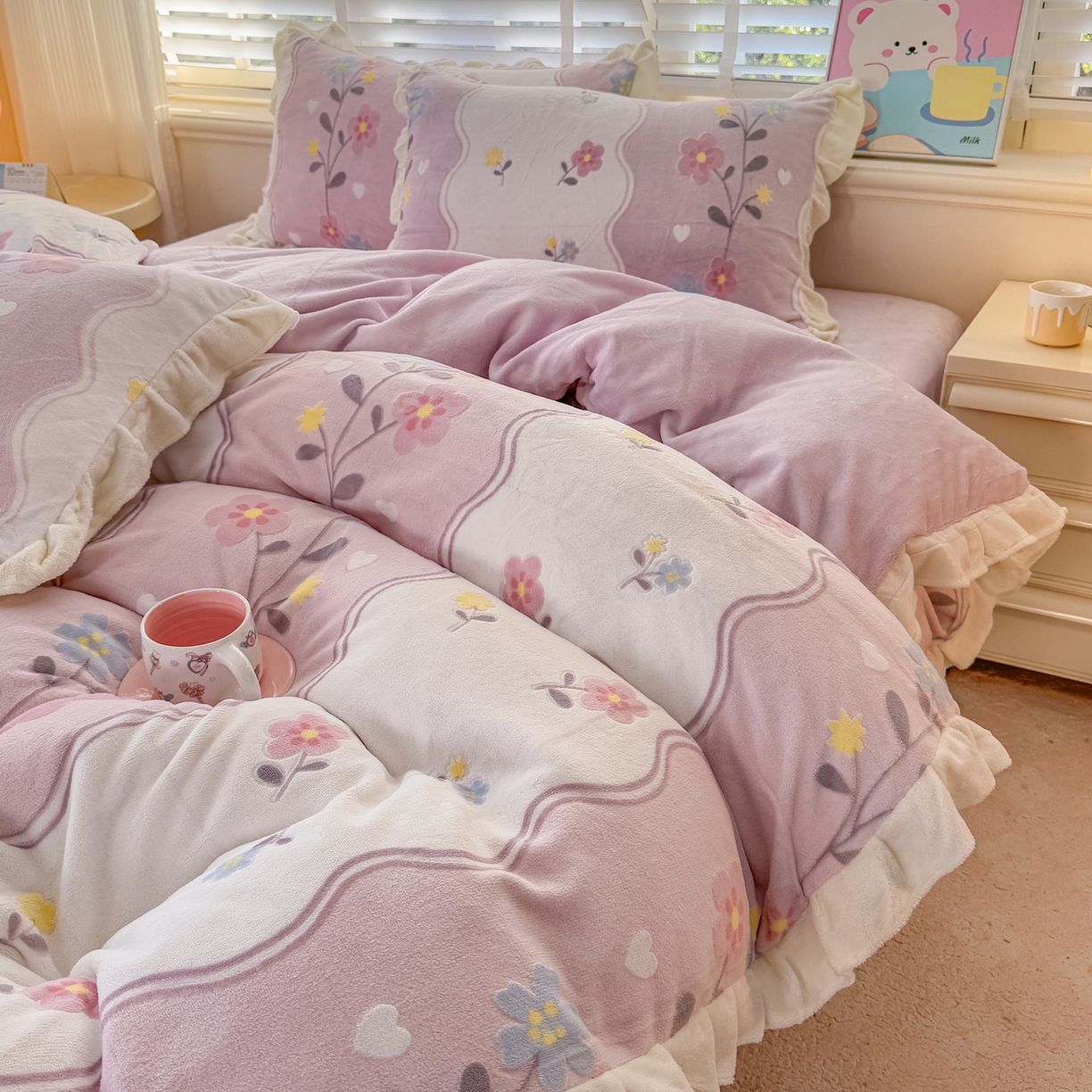 91家纺网 家纺一手货源 找家纺 爱家（原缔乐家纺） 2025新款牛奶雕花绒四件套-美加美 美加美-梦幻紫