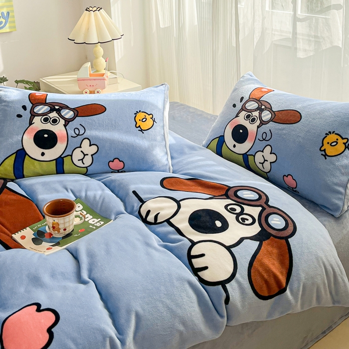 91家纺网 家纺一手货源 找家纺 喜梦缘 2025 新款大版卡通牛奶绒印花四件套 比耶狗