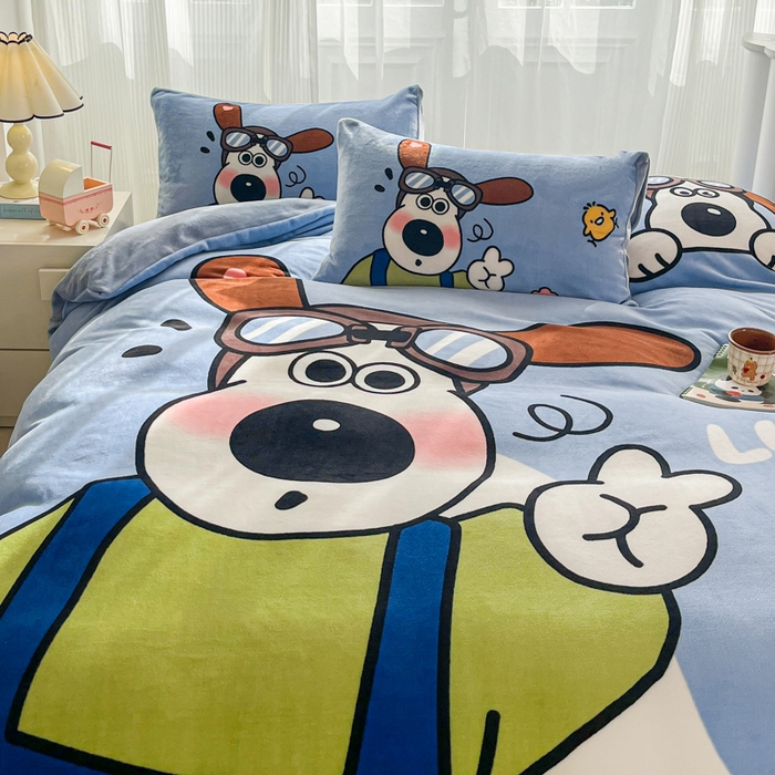 91家纺网 家纺一手货源 找家纺 喜梦缘 2025 新款大版卡通牛奶绒印花四件套 比耶狗