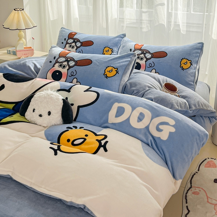 91家纺网 家纺一手货源 找家纺 喜梦缘 2025 新款大版卡通牛奶绒印花四件套 比耶狗