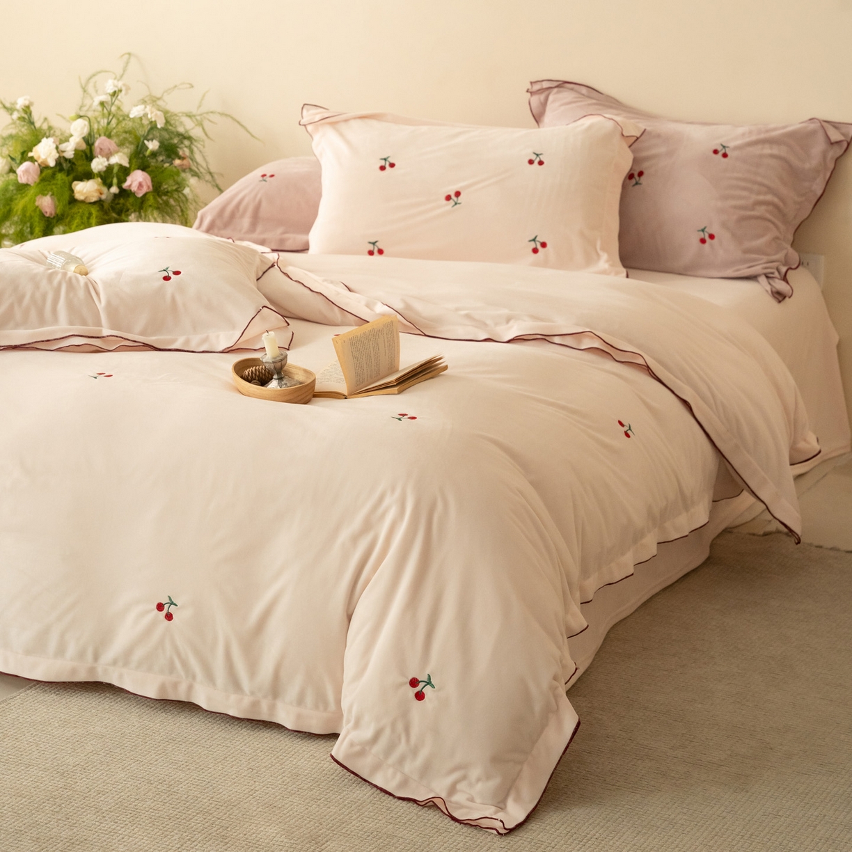 91家纺网 家纺一手货源 找家纺 华超针织 2025新款宝宝绒密拷边刺绣四件套 （会员-20） 初樱粉黛