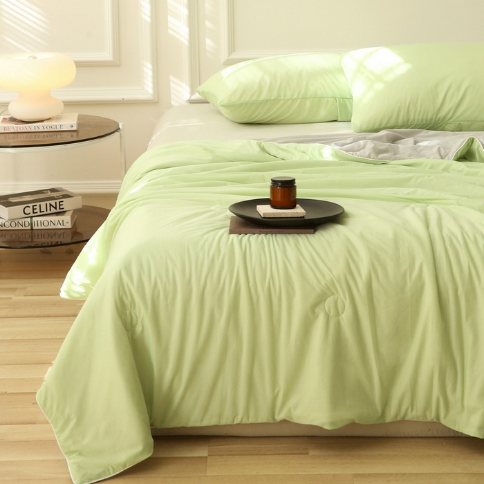 91家纺网 家纺一手货源 找家纺 缦绣阁 2025春夏新款纯色双拼凉感丝夏被冰淇淋夏被夏凉被空调被被子被芯跨境外贸爆款 果绿-浅灰