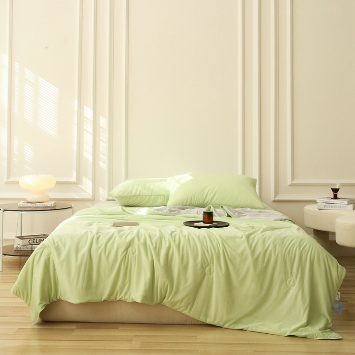 91家纺网 家纺一手货源 找家纺 缦绣阁 2025春夏新款纯色双拼凉感丝夏被冰淇淋夏被夏凉被空调被被子被芯跨境外贸爆款 果绿-浅灰