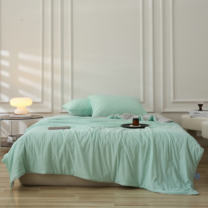 91家纺网 家纺一手货源 找家纺 缦绣阁 2025春夏新款纯色双拼凉感丝夏被冰淇淋夏被夏凉被空调被被子被芯跨境外贸爆款 水绿-浅灰