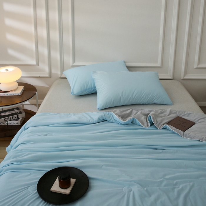91家纺网 家纺一手货源 找家纺 缦绣阁 2025春夏新款纯色双拼凉感丝夏被冰淇淋夏被夏凉被空调被被子被芯跨境外贸爆款 天蓝色-浅灰