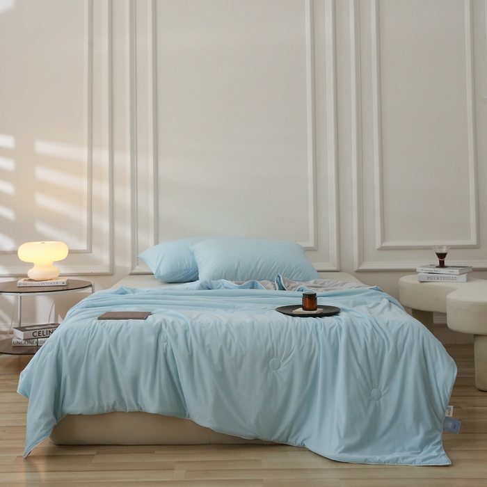 91家纺网 家纺一手货源 找家纺 缦绣阁 2025春夏新款纯色双拼凉感丝夏被冰淇淋夏被夏凉被空调被被子被芯跨境外贸爆款 天蓝色-浅灰
