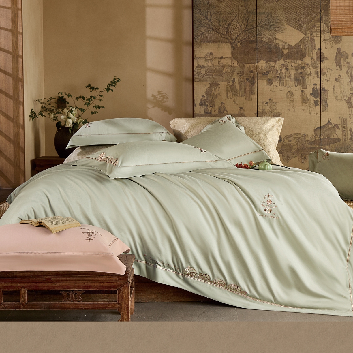 91家纺网 家纺一手货源 找家纺 玖玖爱家纺 2025秋冬限定软酪婴肤棉四件套-遇见七喜 遇见七喜-碧泉绿