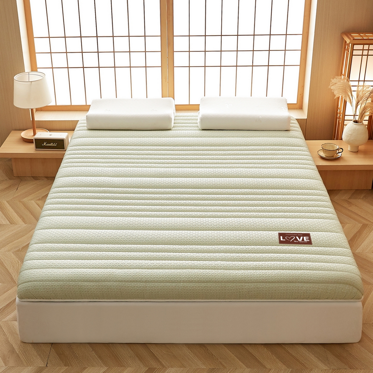 91家纺网 家纺一手货源 找家纺 鑫梦莱 2025新款针织棉床垫提花系列单边款（成人图）LOVE烫画 青果绿（厚约9cm）