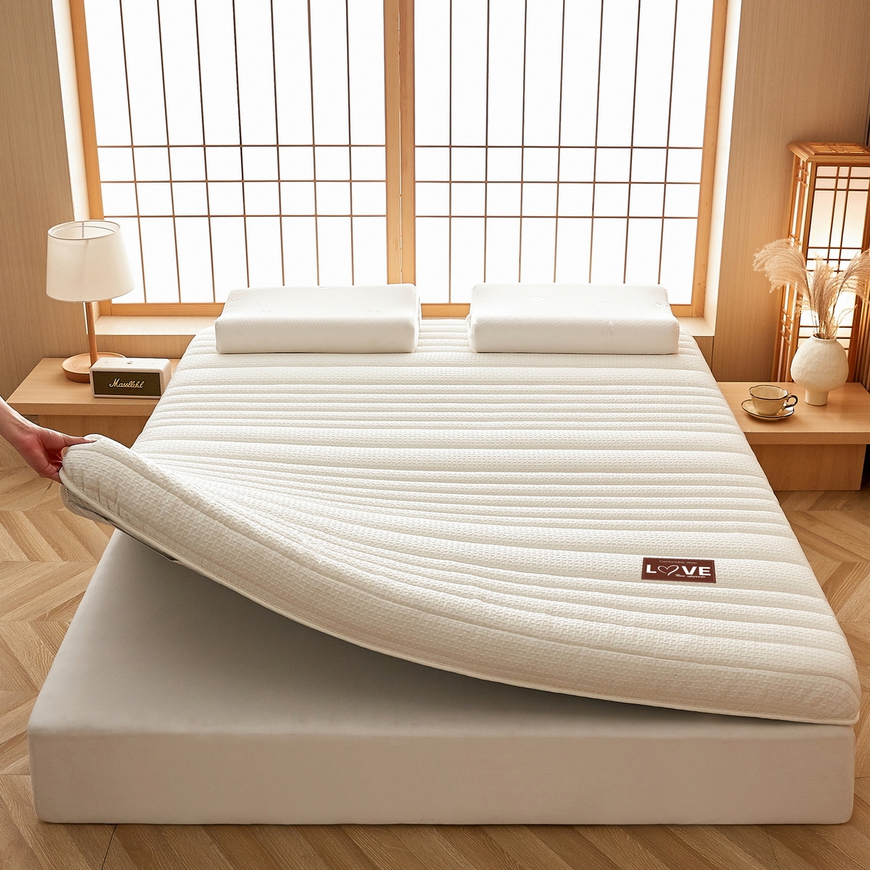 91家纺网 家纺一手货源 找家纺 鑫梦莱 2025新款针织棉床垫提花系列单边款（成人图）LOVE烫画 象牙白（厚约9cm）