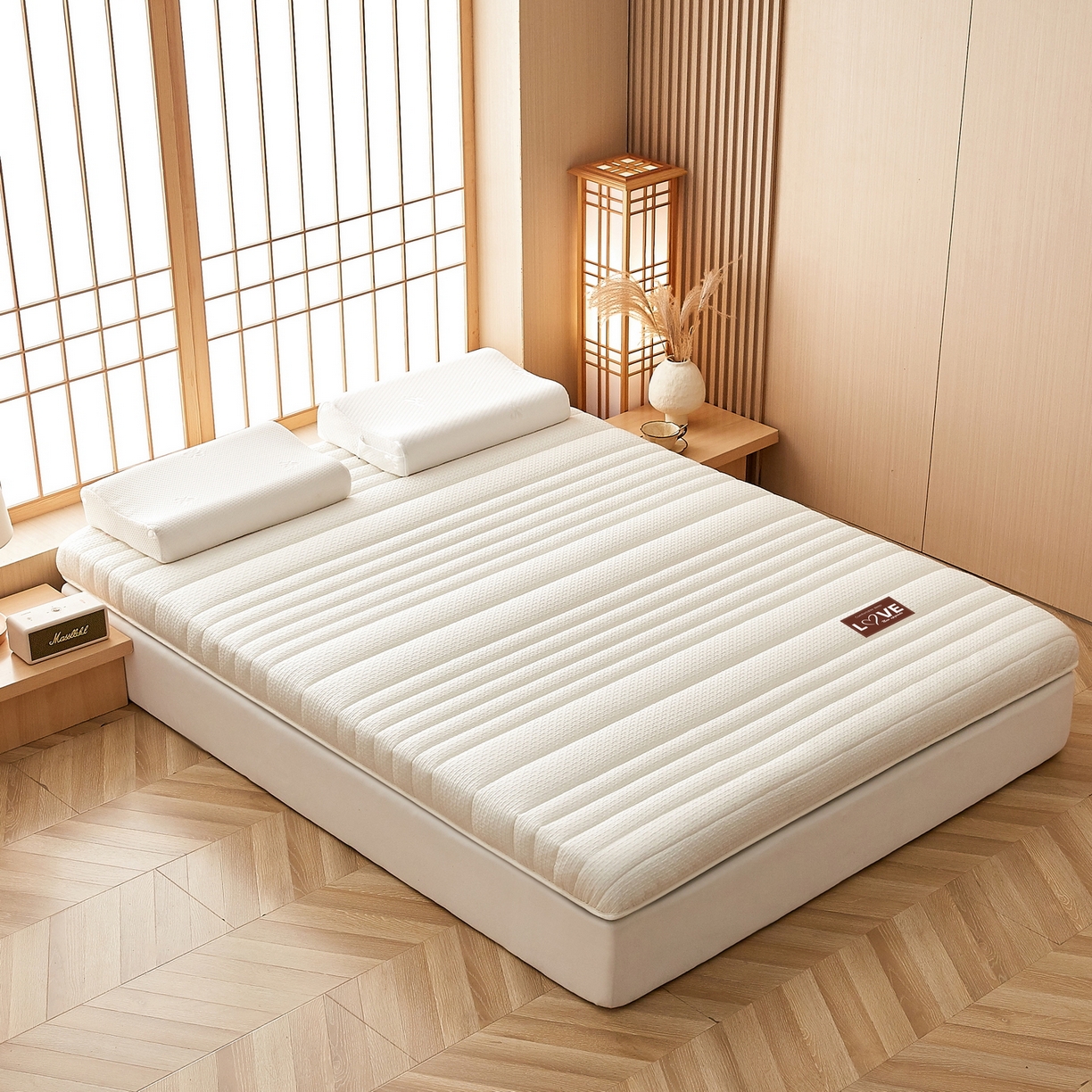 91家纺网 家纺一手货源 找家纺 鑫梦莱 2025新款针织棉床垫提花系列单边款（成人图）LOVE烫画 象牙白（厚约9cm）