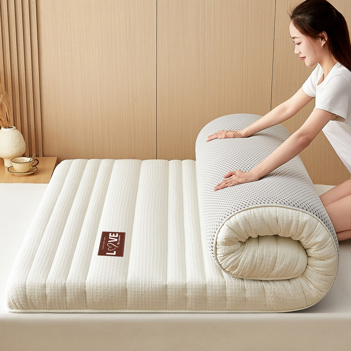 鑫梦莱 2025新款针织棉床垫提花系列单边款（成人图）LOVE烫画 象牙白（厚约9cm）