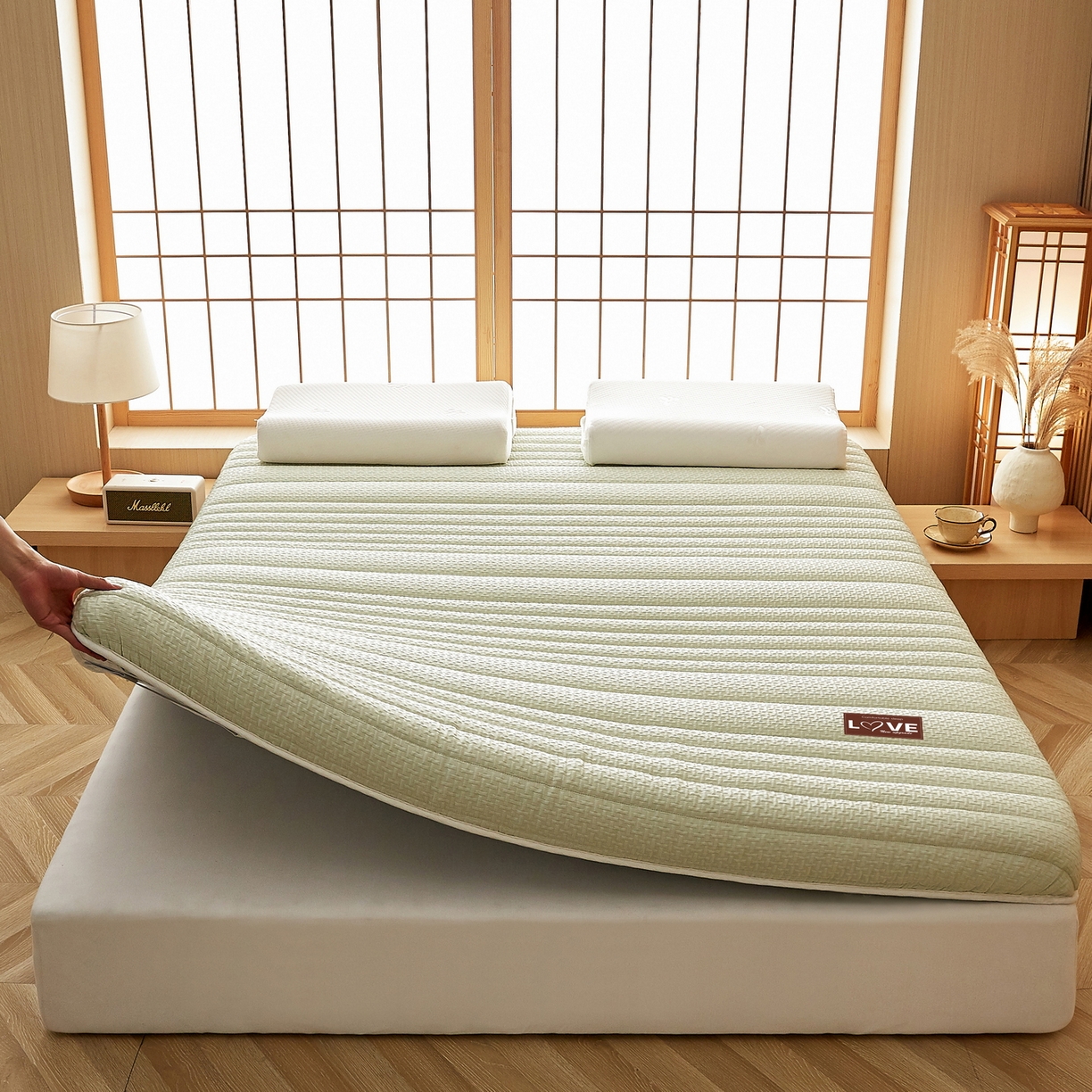 91家纺网 家纺一手货源 找家纺 鑫梦莱 2025新款针织棉床垫提花系列单边款（成人图）LOVE烫画 青果绿（厚约9cm）