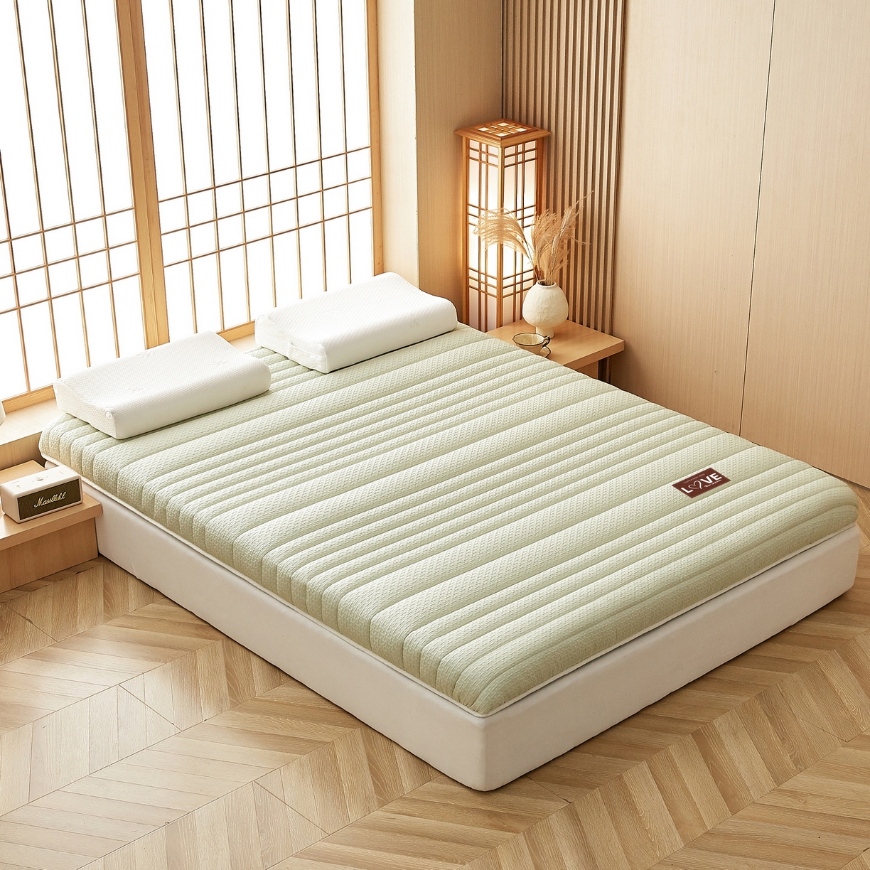 91家纺网 家纺一手货源 找家纺 鑫梦莱 2025新款针织棉床垫提花系列单边款（成人图）LOVE烫画 青果绿（厚约6cm）