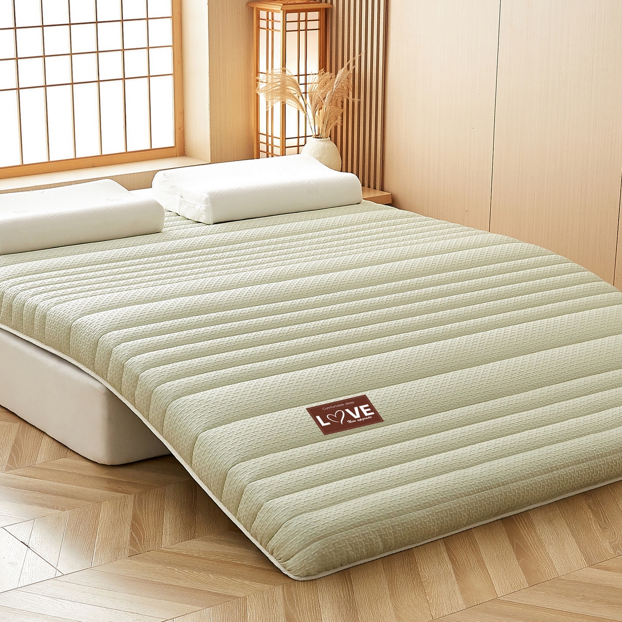 91家纺网 家纺一手货源 找家纺 鑫梦莱 2025新款针织棉床垫提花系列单边款（成人图）LOVE烫画 青果绿（厚约9cm）