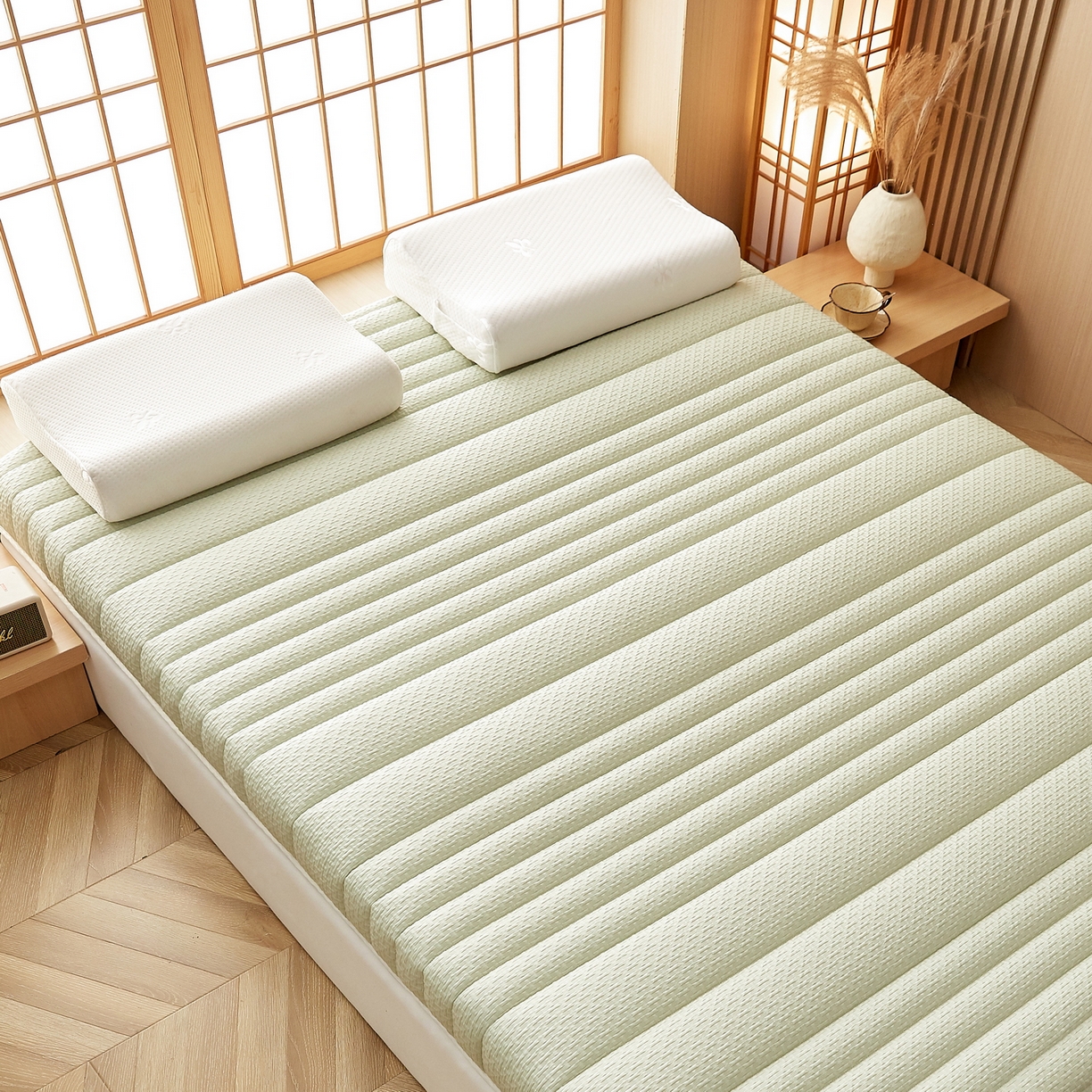 91家纺网 家纺一手货源 找家纺 鑫梦莱 2025新款针织棉床垫提花系列单边款（成人图）LOVE烫画 青果绿（厚约9cm）