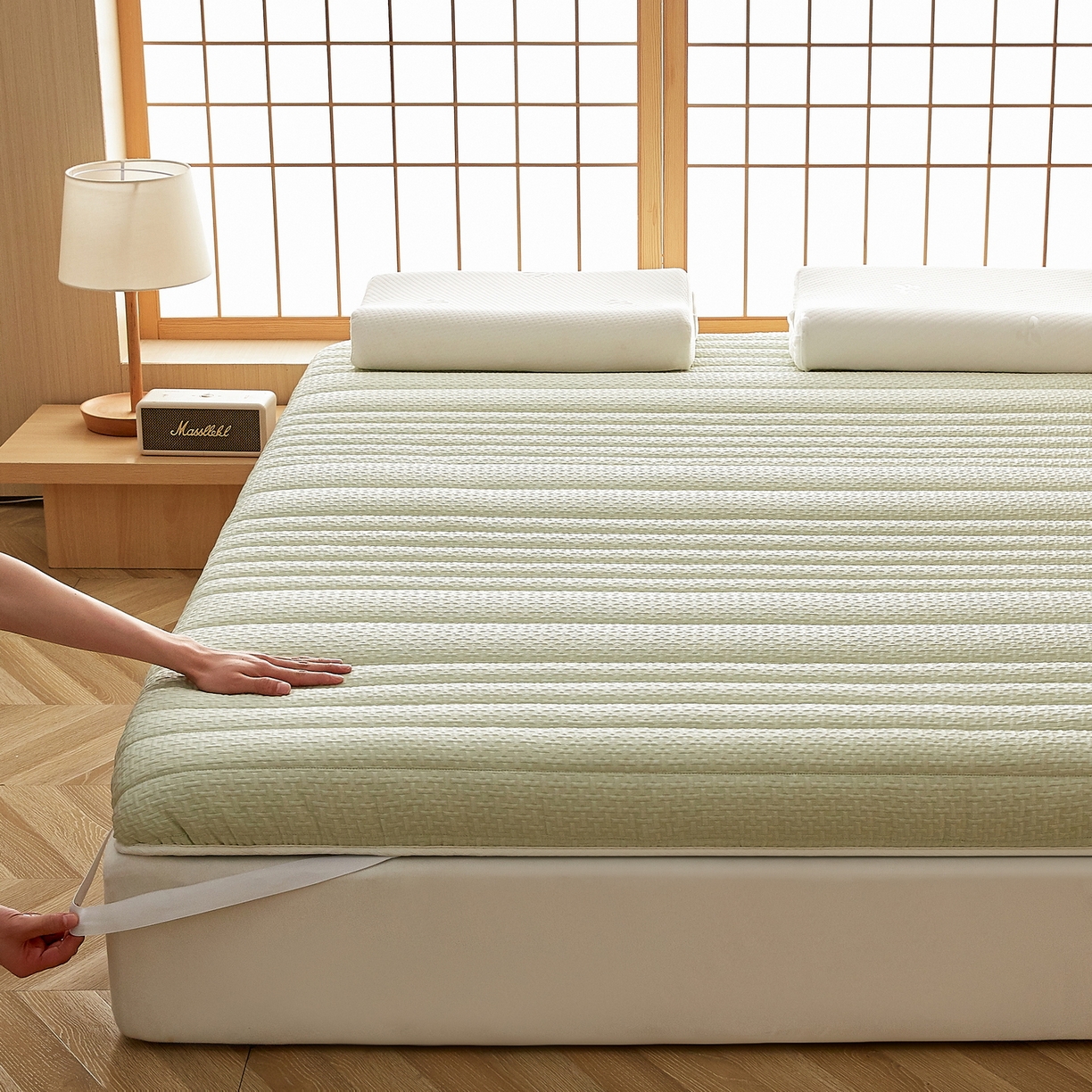 91家纺网 家纺一手货源 找家纺 鑫梦莱 2025新款针织棉床垫提花系列单边款（成人图）LOVE烫画 青果绿（厚约6cm）