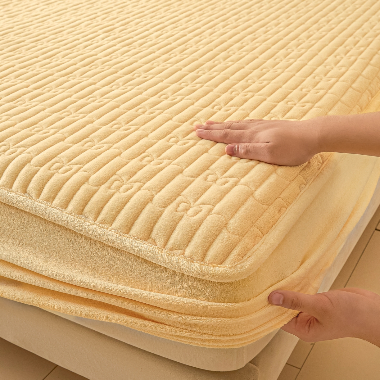 91家纺网 家纺一手货源 找家纺 Sweet dreams甜梦 2025新款A类纯色牛奶绒夹棉床笠 米黄