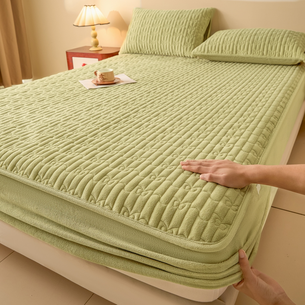 Sweet dreams甜梦 2025新款A类纯色牛奶绒夹棉床笠 青石绿