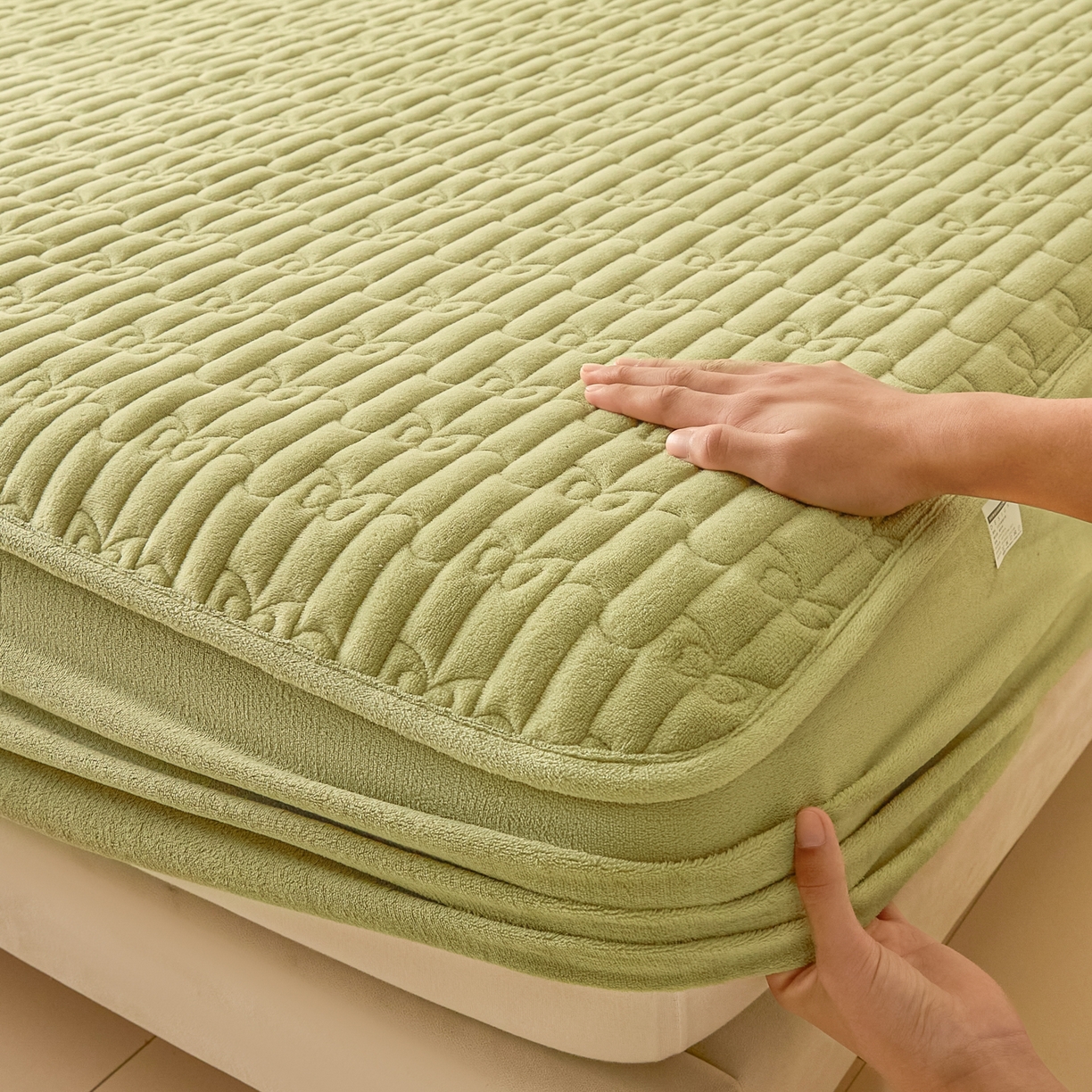 91家纺网 家纺一手货源 找家纺 Sweet dreams甜梦 2025新款A类纯色牛奶绒夹棉床笠 青石绿