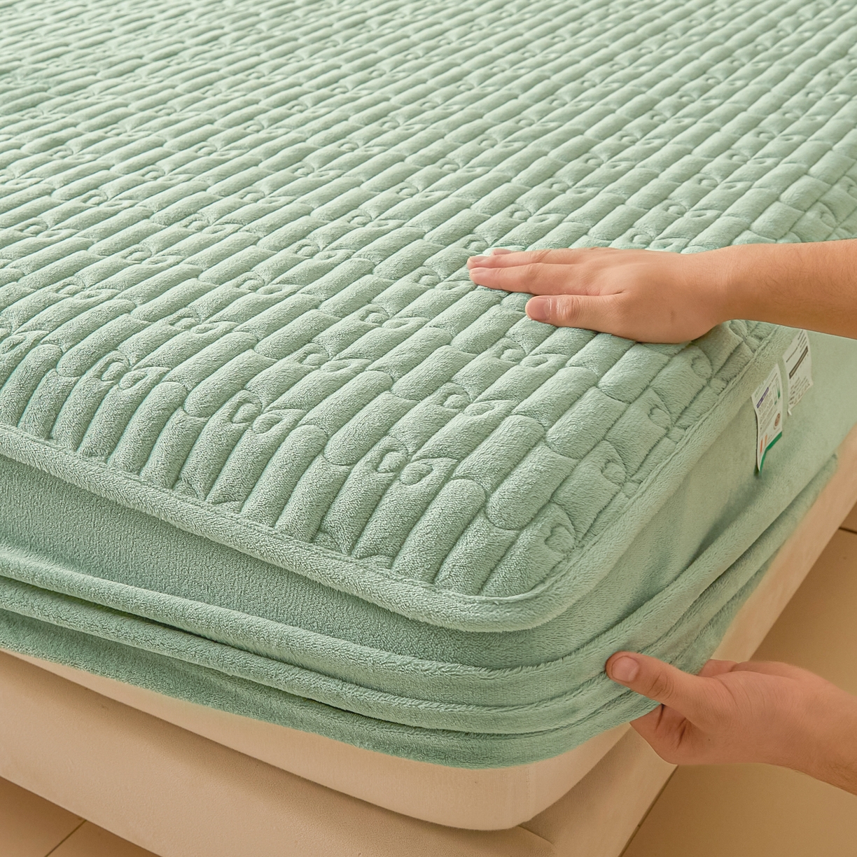 91家纺网 家纺一手货源 找家纺 Sweet dreams甜梦 2025新款A类纯色牛奶绒夹棉床笠 清新绿